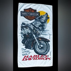 Vtg 1990s Harley-Davidson The Lone Wolf Cotton Beach Towel